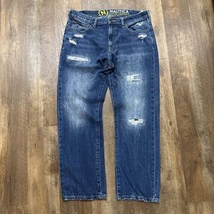 Nautica Distressed Baggy Loose Blue Denim Fade Whiskers Skate Y2K Size 36x30